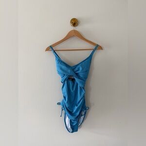 Twist-Front Blue Ribbed Women's Swim Bodysuit